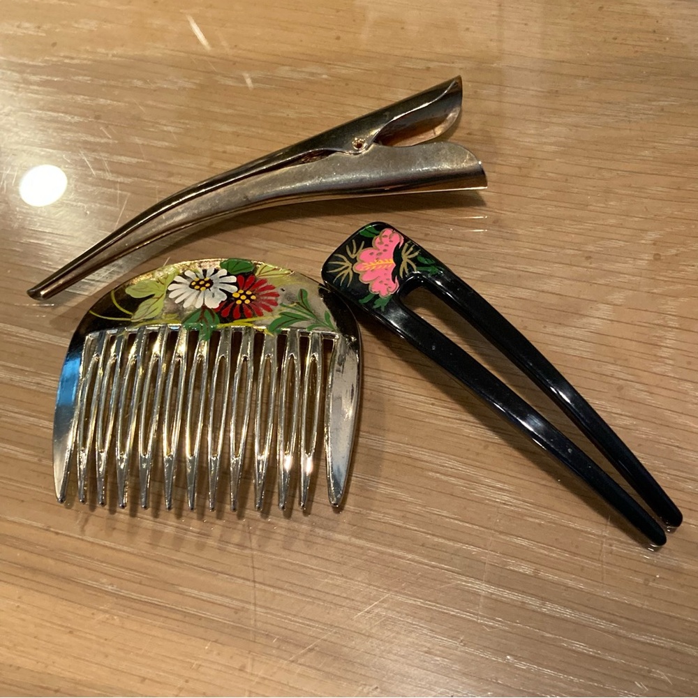 Vintage 3 Hair Adornments: Comb, Large Clip, 2 prong hair stick pin: 70’s, 80’s